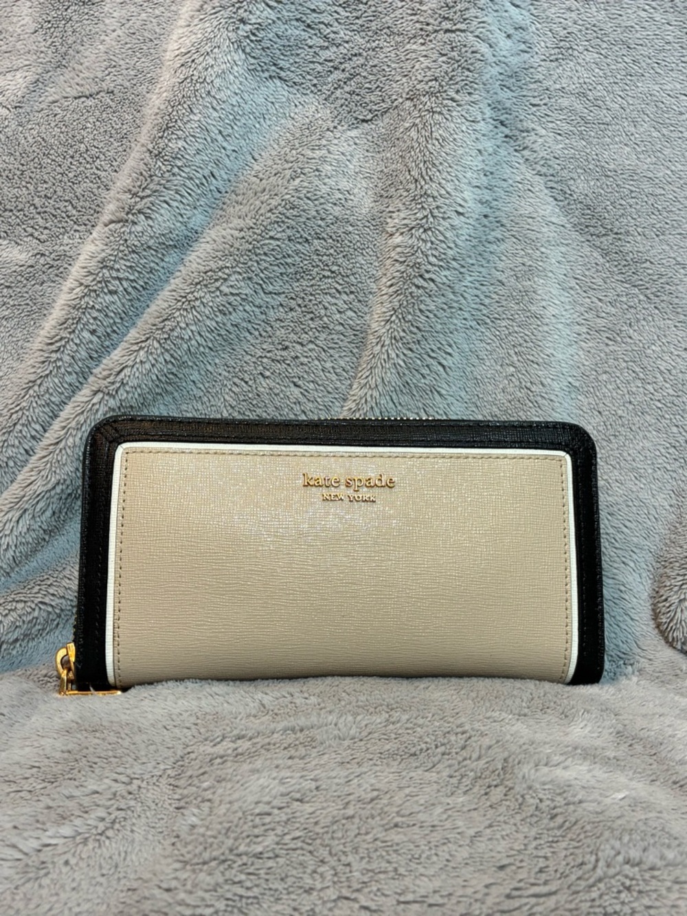 kate spade Cream and Black Zip-Around Continental Wallet with Gold Logo